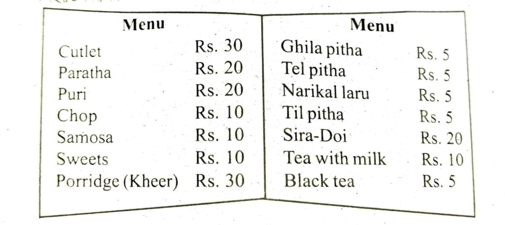 10. While going back home, Bina, Rohit and their parents stopped at a tea stall to have tea and snacks. This is the menu that they were given. Read it aloud